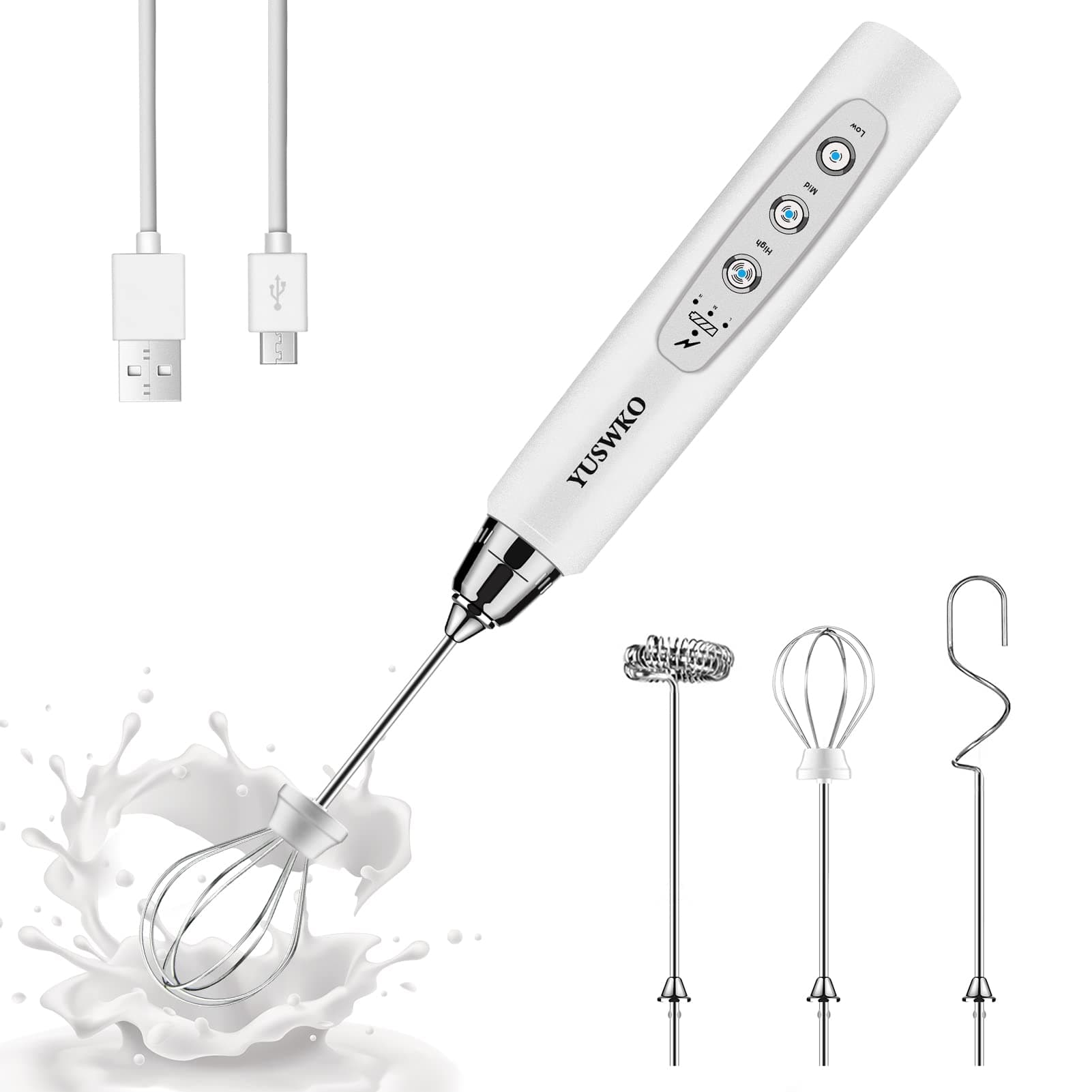YUSWKO Rechargeable Electric 3-Speed Milk Frother Wand w/ 3-Heads