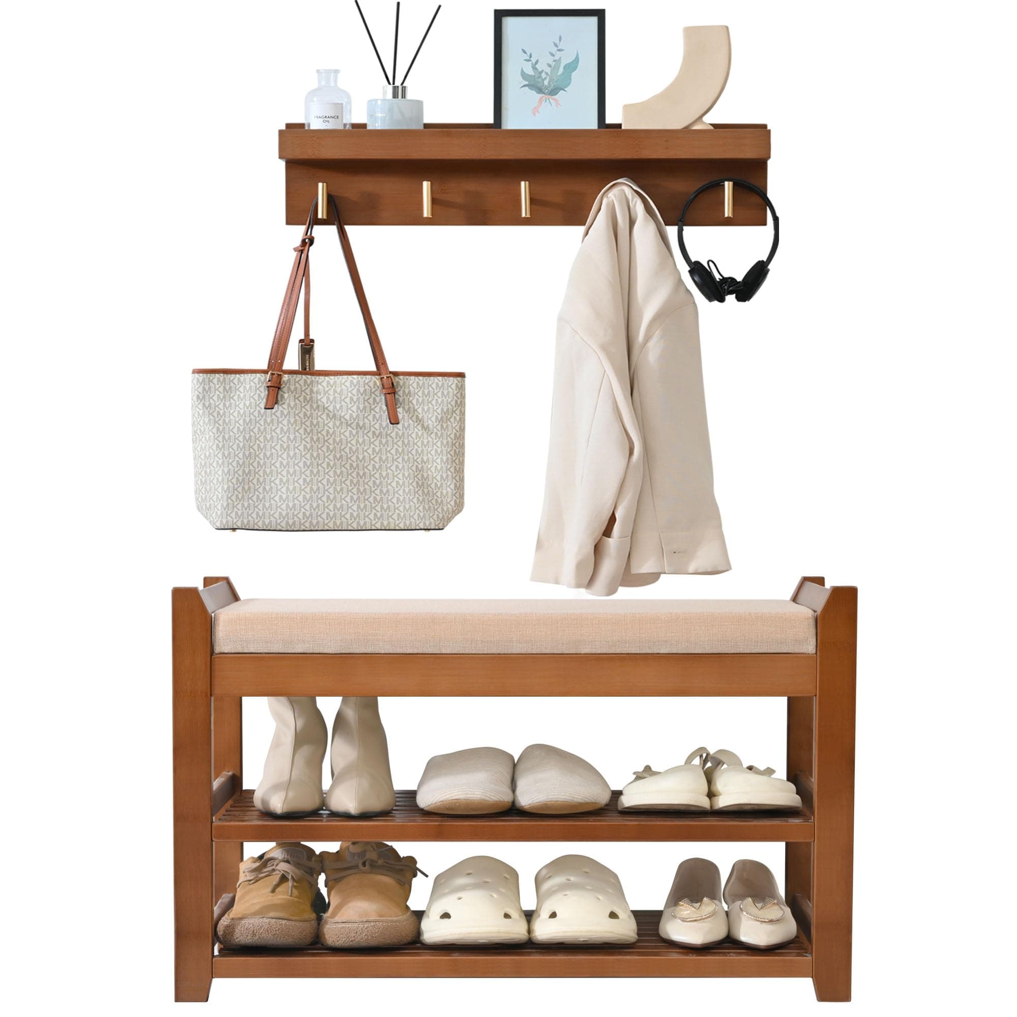 2-Pc Petkaboo Bamboo Wood Shoe Storage Bench & Coat Rack Set