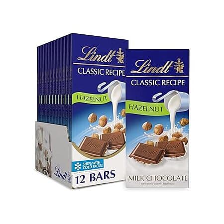 12-Pk 4.4-Oz Lindt CLASSIC RECIPE Milk Chocolate Candy Bars (Hazelnut)